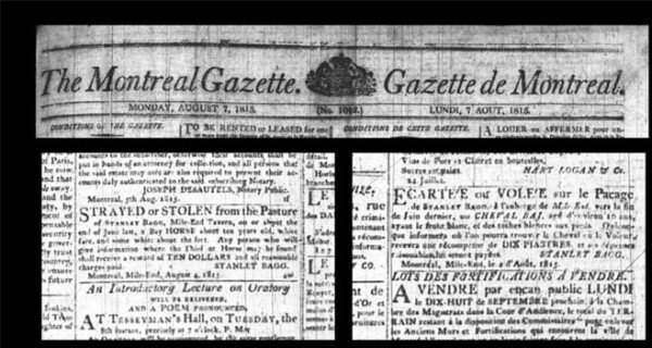 Figure 1 - «Écartée ou volée sur le Pacage de Stanley Bagg à l’auberge de Mile-End…», Gazette de Montreal, lundi 7 août 1815, p. 1