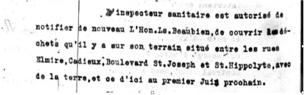 Figure 2 - Procès-verbal du conseil de ville Saint-Louis, 21 mai 1907. La rue Cadieux correspond à l'actuelle rue de Bullion et St. Hippolyte à Coloniale (AVM, AVSL, P28/A1,6.)